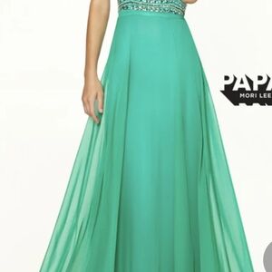 Mori Lee Teal Beaded Empire Waist Maxi Dress